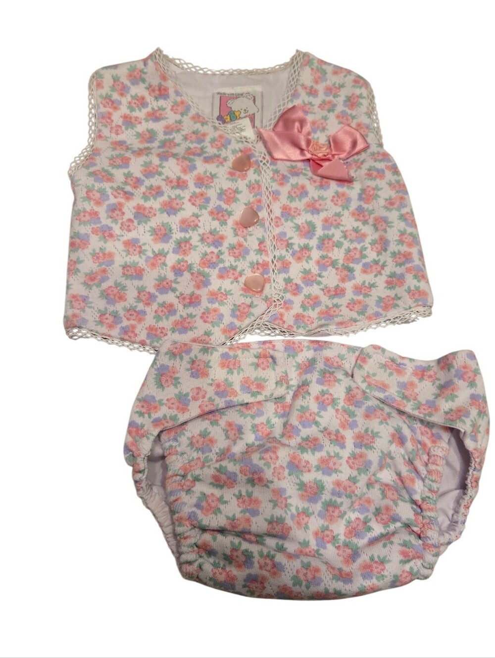 Vintage 1990s Baby Buns Floral Pink Bow Two-Piece Vest & Bloomers Set